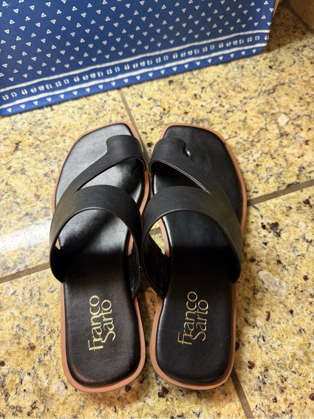 Franco Sarto Black Leather Slide Sandals with Tan Sole Edge - Picture 2 of 7